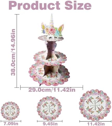 3 Tier Unicorn Cupcake Stand, Cupcake Stand Cardboard - Easy to Assemble& Reusable(3Unicorn) in 3unicorn, alternate view 2
