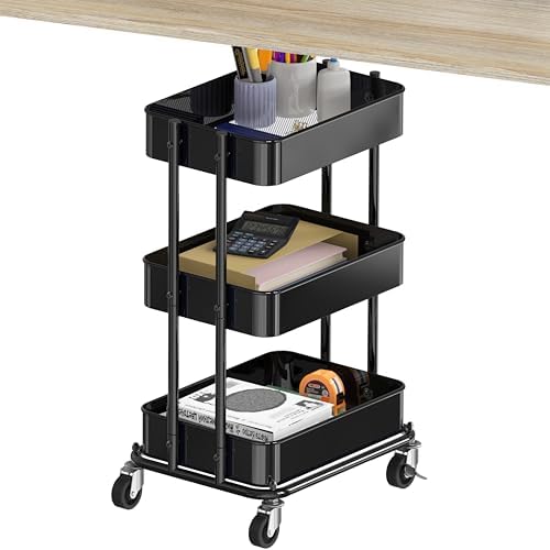 3-Tier Utility Cart, Low 24" Height Fits Under Desk, Black in Black