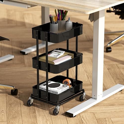 3-Tier Utility Cart, Low 24" Height Fits Under Desk, Black in Black, alternate view 2