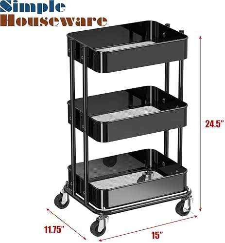 3-Tier Utility Cart, Low 24" Height Fits Under Desk, Black in Black, alternate view 3