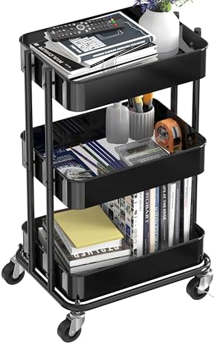 3-Tier Utility Cart, Low 24" Height Fits Under Desk, Black in Black, alternate view 4
