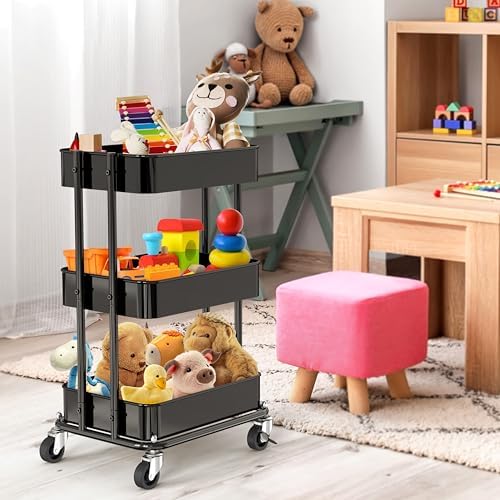 3-Tier Utility Cart, Low 24" Height Fits Under Desk, Black in Black, alternate view 5