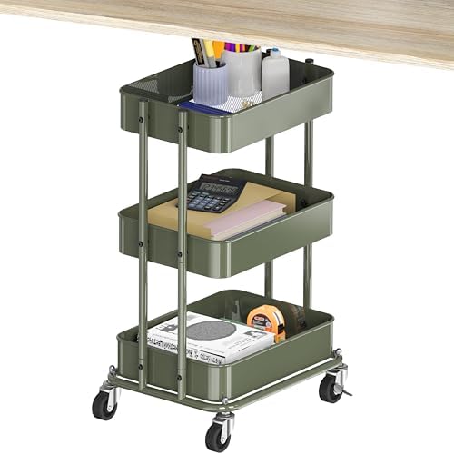 3-Tier Utility Cart, Low 24" Height Fits Under Desk, Green in Green