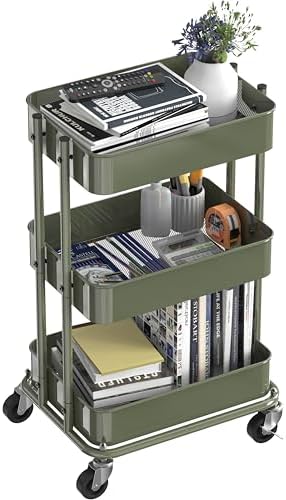 3-Tier Utility Cart, Low 24" Height Fits Under Desk, Green in Green, alternate view 4