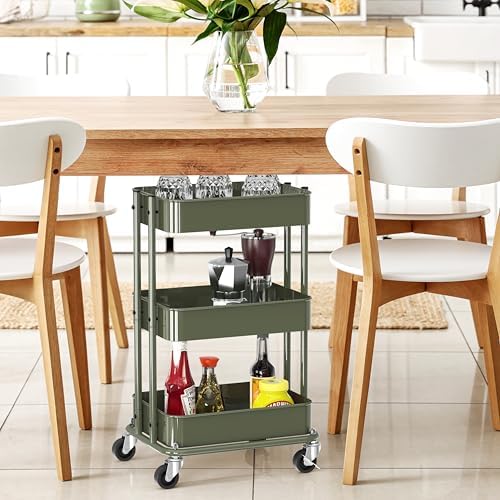 3-Tier Utility Cart, Low 24" Height Fits Under Desk, Green in Green, alternate view 6
