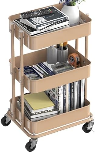 3-Tier Utility Cart, Low 24" Height Fits Under Desk, Khaki in Khaki, alternate view 4