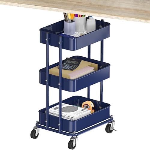 3-Tier Utility Cart, Low 24" Height Fits Under Desk, Navy