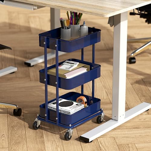 3-Tier Utility Cart, Low 24" Height Fits Under Desk, Navy, alternate view 2