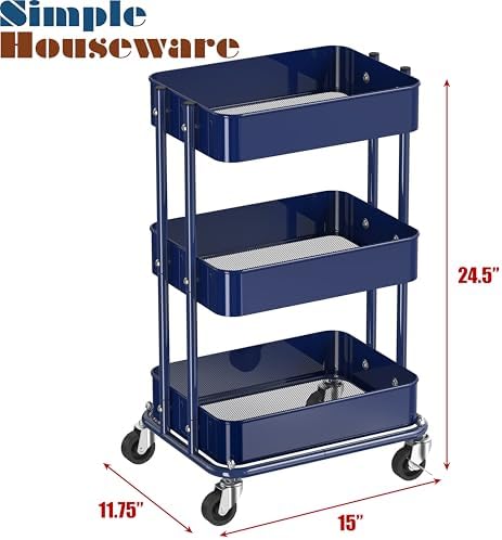 3-Tier Utility Cart, Low 24" Height Fits Under Desk, Navy, alternate view 3