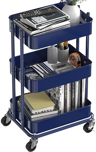 3-Tier Utility Cart, Low 24" Height Fits Under Desk, Navy, alternate view 4