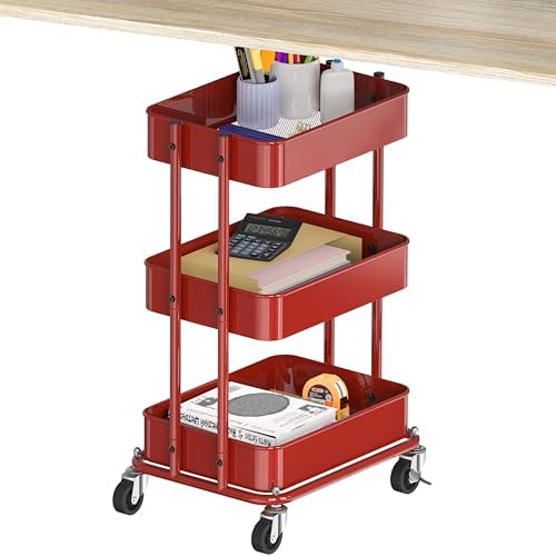 3-Tier Utility Cart, Low 24" Height Fits Under Desk, Red in Red