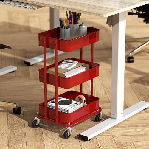 3-Tier Utility Cart, Low 24" Height Fits Under Desk, Red in Red, alternate view 2