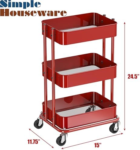3-Tier Utility Cart, Low 24" Height Fits Under Desk, Red in Red, alternate view 3
