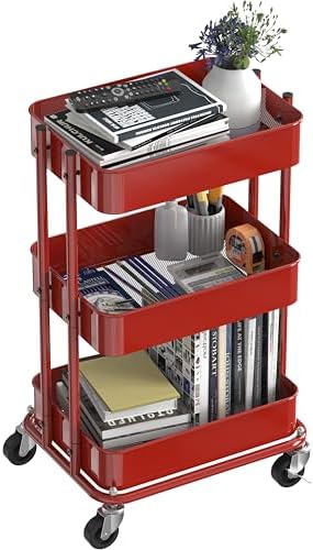 3-Tier Utility Cart, Low 24" Height Fits Under Desk, Red in Red, alternate view 4