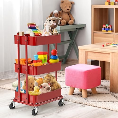 3-Tier Utility Cart, Low 24" Height Fits Under Desk, Red in Red, alternate view 5