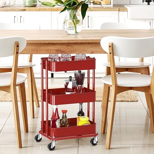 3-Tier Utility Cart, Low 24" Height Fits Under Desk, Red in Red, alternate view 6