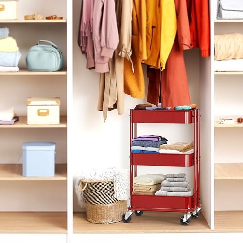 3-Tier Utility Cart, Low 24" Height Fits Under Desk, Red in Red, alternate view 7