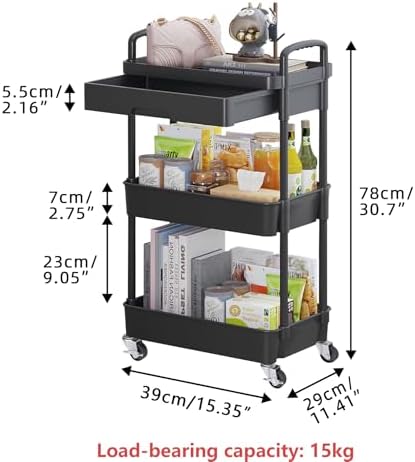 3-Tier Utility Cart with Drawer & Wheels, Storage for Home, Office, alternate view 3