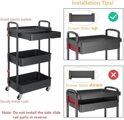 3-Tier Utility Cart with Drawer & Wheels, Storage for Home, Office, alternate view 6