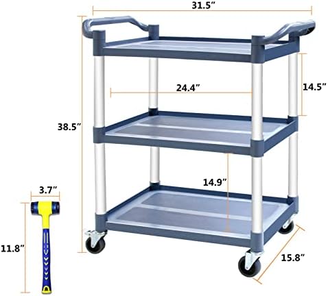 3-Tier Utility Cart With Wheels, Heavy Duty Rolling Restaurant Cart 420lbs, Plastic Bus Cart With Lockable, alternate view 3