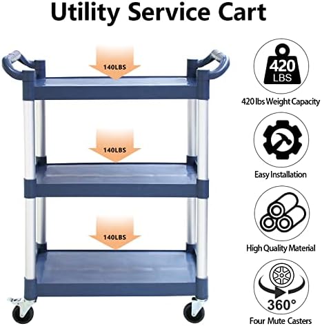 3-Tier Utility Cart With Wheels, Heavy Duty Rolling Restaurant Cart 420lbs, Plastic Bus Cart With Lockable, alternate view 6