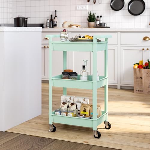 3-Tier Utility Rolling Cart with Cover Top Board, Mobile Utility Cart with Lockable Casters Multi-Functional, alternate view