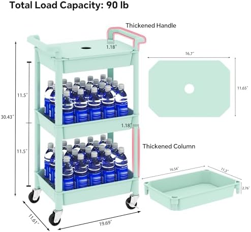 3-Tier Utility Rolling Cart with Cover Top Board, Mobile Utility Cart with Lockable Casters Multi-Functional, alternate view
