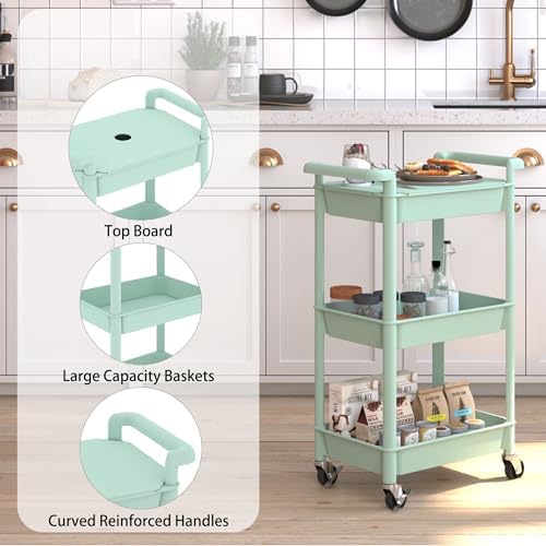 3-Tier Utility Rolling Cart with Cover Top Board, Mobile Utility Cart with Lockable Casters Multi-Functional, alternate view