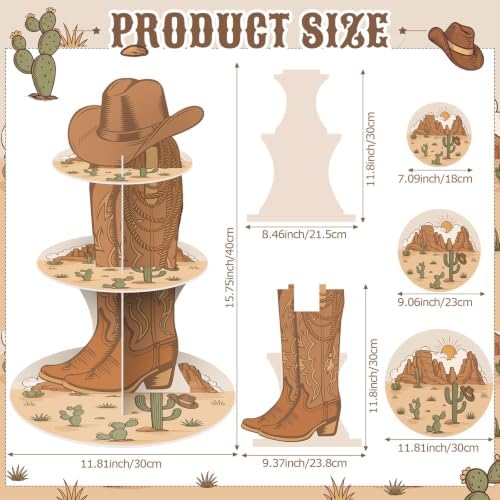 3 Tier Western Cowboy Cupcake Stand Wild West Cupcake Tower in Brown, Green, alternate view 3
