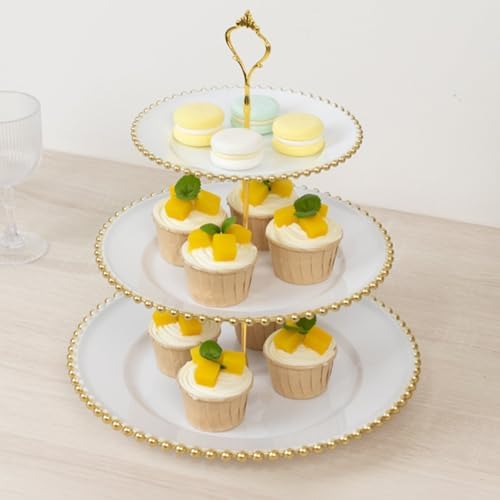 3-Tier White Cupcake Stand Gold Beaded Rim Plastic Dessert Display, Elegant Bridal Shower Tiered Pastry Tower