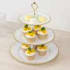 3-Tier White Cupcake Stand Gold Beaded Rim Plastic Dessert Display, Elegant Bridal Shower Tiered Pastry Tower
