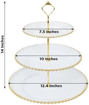 3-Tier White Cupcake Stand Gold Beaded Rim Plastic Dessert Display, Elegant Bridal Shower Tiered Pastry Tower, alternate view