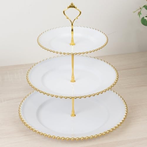 3-Tier White Cupcake Stand Gold Beaded Rim Plastic Dessert Display, Elegant Bridal Shower Tiered Pastry Tower, alternate view
