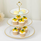 3-Tier White Cupcake Stand Gold Beaded Rim Plastic Dessert Display, Elegant Bridal Shower Tiered Pastry Tower, alternate view