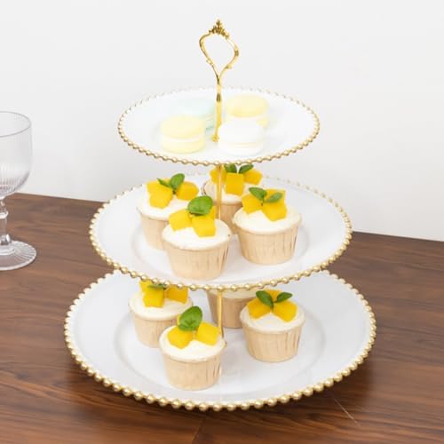 3-Tier White Cupcake Stand Gold Beaded Rim Plastic Dessert Display, Elegant Bridal Shower Tiered Pastry Tower, alternate view