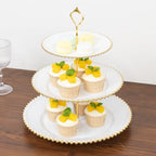 3-Tier White Cupcake Stand Gold Beaded Rim Plastic Dessert Display, Elegant Bridal Shower Tiered Pastry Tower, alternate view