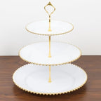 3-Tier White Cupcake Stand Gold Beaded Rim Plastic Dessert Display, Elegant Bridal Shower Tiered Pastry Tower, alternate view