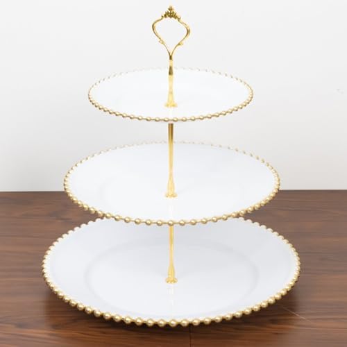 3-Tier White Cupcake Stand Gold Beaded Rim Plastic Dessert Display, Elegant Bridal Shower Tiered Pastry Tower, alternate view
