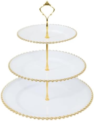 3-Tier White Cupcake Stand Gold Beaded Rim Plastic Dessert Display, Elegant Bridal Shower Tiered Pastry Tower, alternate view