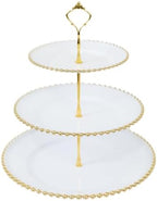 3-Tier White Cupcake Stand Gold Beaded Rim Plastic Dessert Display, Elegant Bridal Shower Tiered Pastry Tower, alternate view