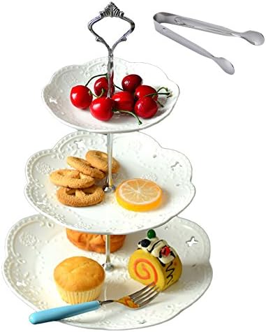 3 Tier White Porcelain Cake Stand, Cupcake Stand with Silver Pilar in Silver.