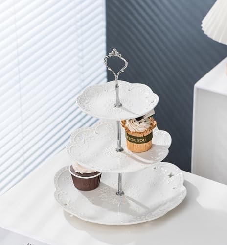 3 Tier White Porcelain Cake Stand, Cupcake Stand with Silver Pilar in Silver., alternate view 2