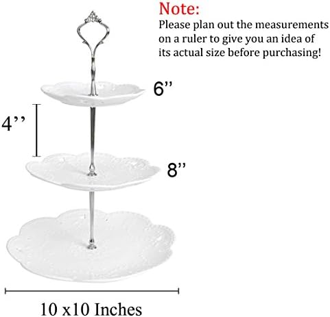 3 Tier White Porcelain Cake Stand, Cupcake Stand with Silver Pilar in Silver., alternate view 3