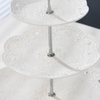 3 Tier White Porcelain Cake Stand, Cupcake Stand with Silver Pilar in Silver., alternate view 4
