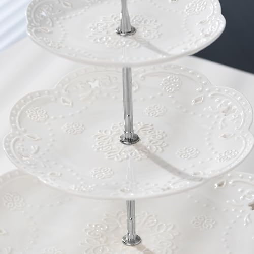3 Tier White Porcelain Cake Stand, Cupcake Stand with Silver Pilar in Silver., alternate view 4