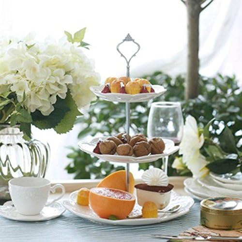 3 Tier White Porcelain Cake Stand, Cupcake Stand with Silver Pilar in Silver., alternate view 5