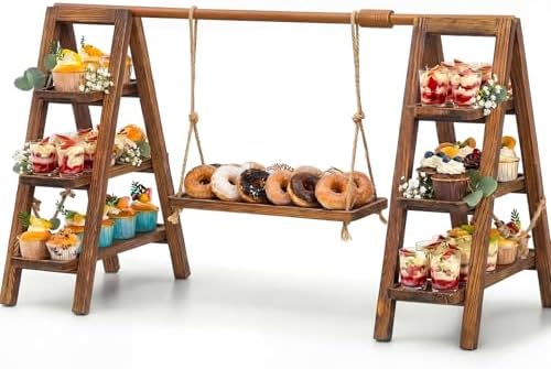 3 Tier Wood Cupcake Stand with Swing and Platter, Dark Walnut Color in Dark Walnut Color