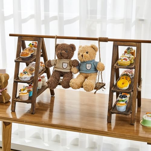 3 Tier Wood Cupcake Stand with Swing and Platter, Dark Walnut Color in Dark Walnut Color, alternate view 2