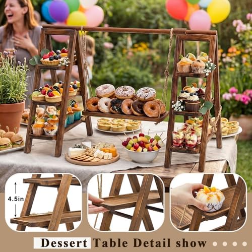 3 Tier Wood Cupcake Stand with Swing and Platter, Dark Walnut Color in Dark Walnut Color, alternate view 4