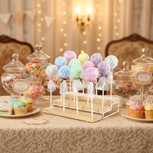 3 Tier Wood Display Cake Pop Stand, Set of 2 12 Holes Lollipop Display Stand, Lollipop Holder for Wedding, Baby, alternate